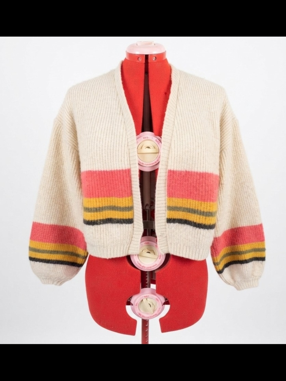 Billabong Chunky Knit Striped Open Front Cardigan Sweater Boho Balloon Sleeve M - Picture 2 of 3